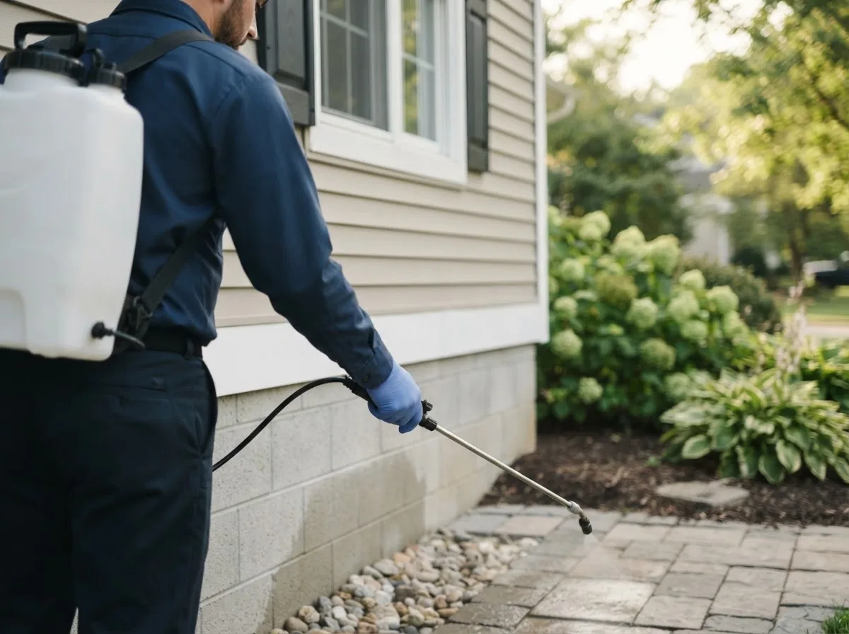 Pest control technician inspecting a home in Bluffton, OH